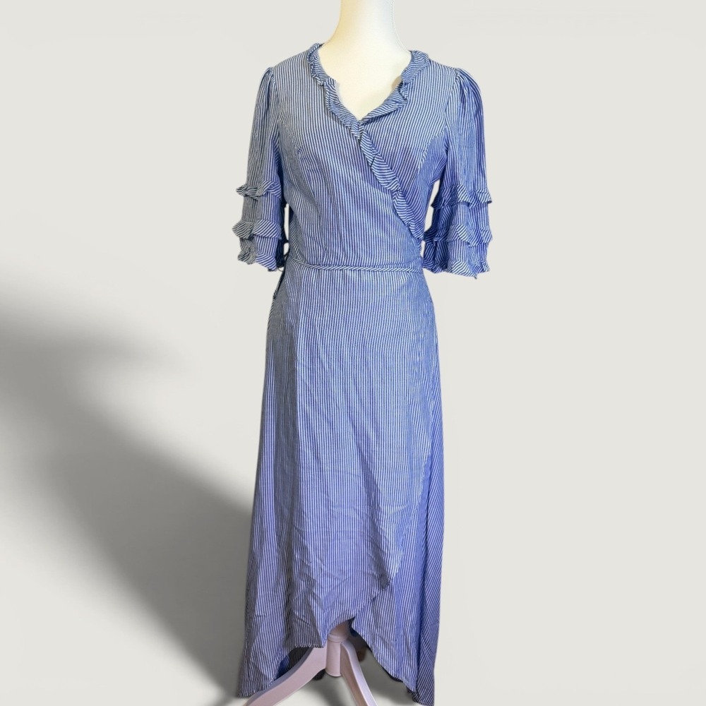 June & Hudson Wrap Dress Large Blue White Striped Brunch Vacation Cottagegcore